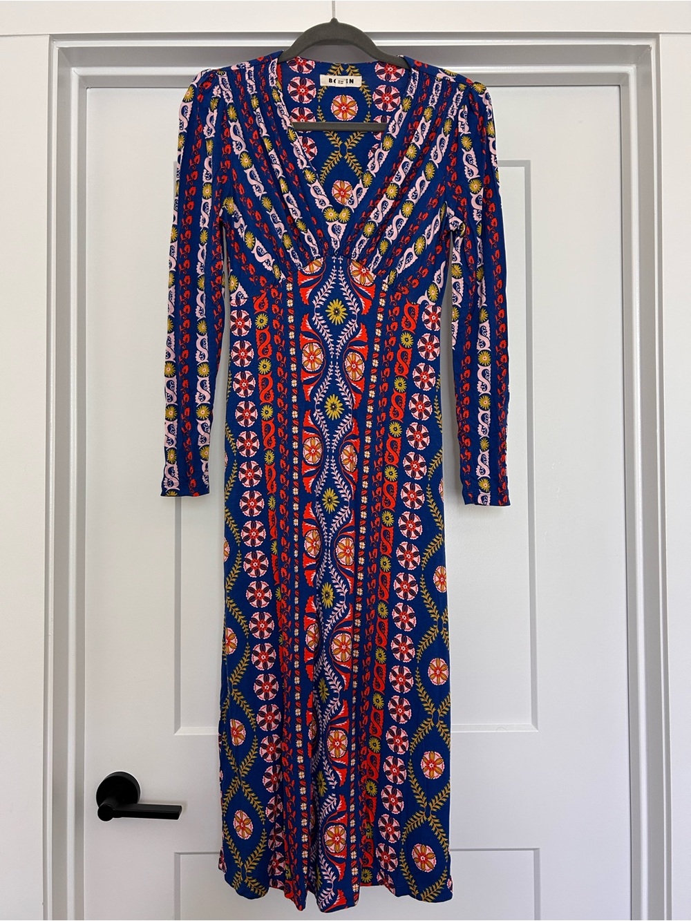 Boden Multi-Print Long Sleeve Maxi Dress with Red & Yellow Accents